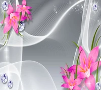 diamonds, flower, lilies, pink, silver