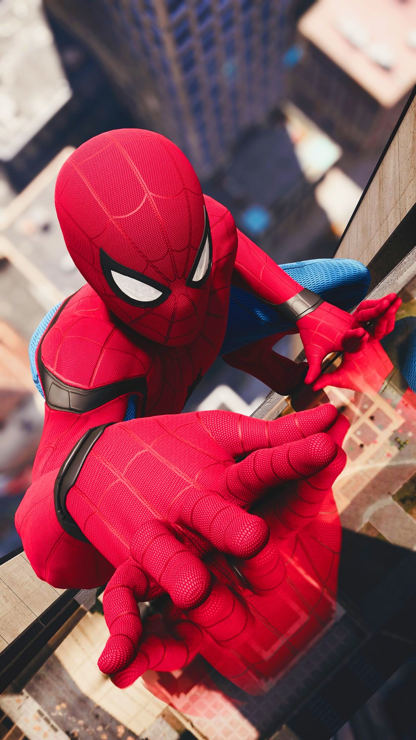 Spider-man en costume rouge regarde par une fenêtre. (spiderman, spider man ps4, spidermanps4, ps4)