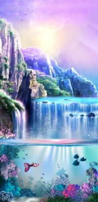 Serene Waterfall and Vibrant Underwater Life