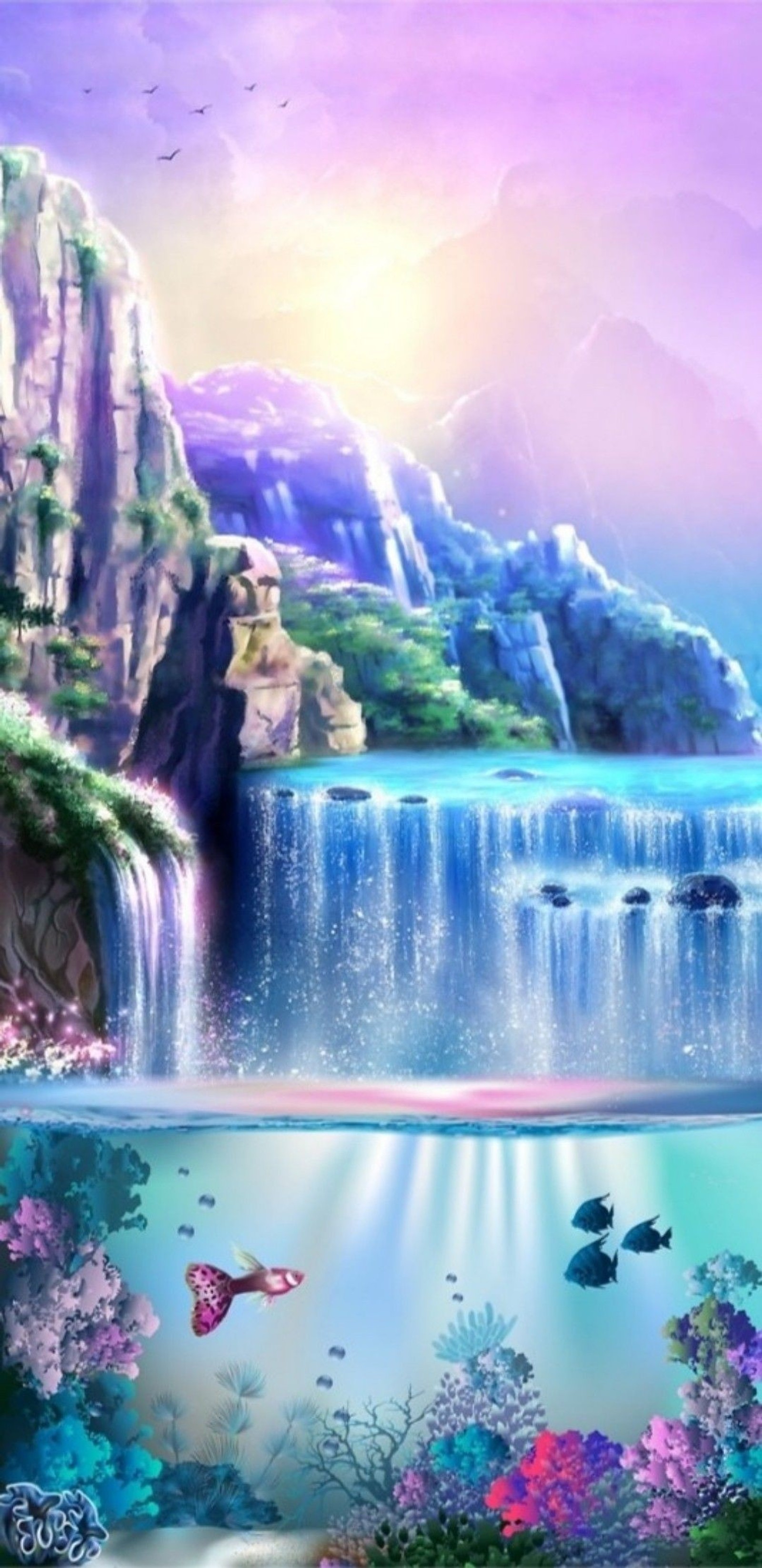 Painting of a waterfall with fish and a castle in the background (beautiful, fish, nature, pretty, waterfall)