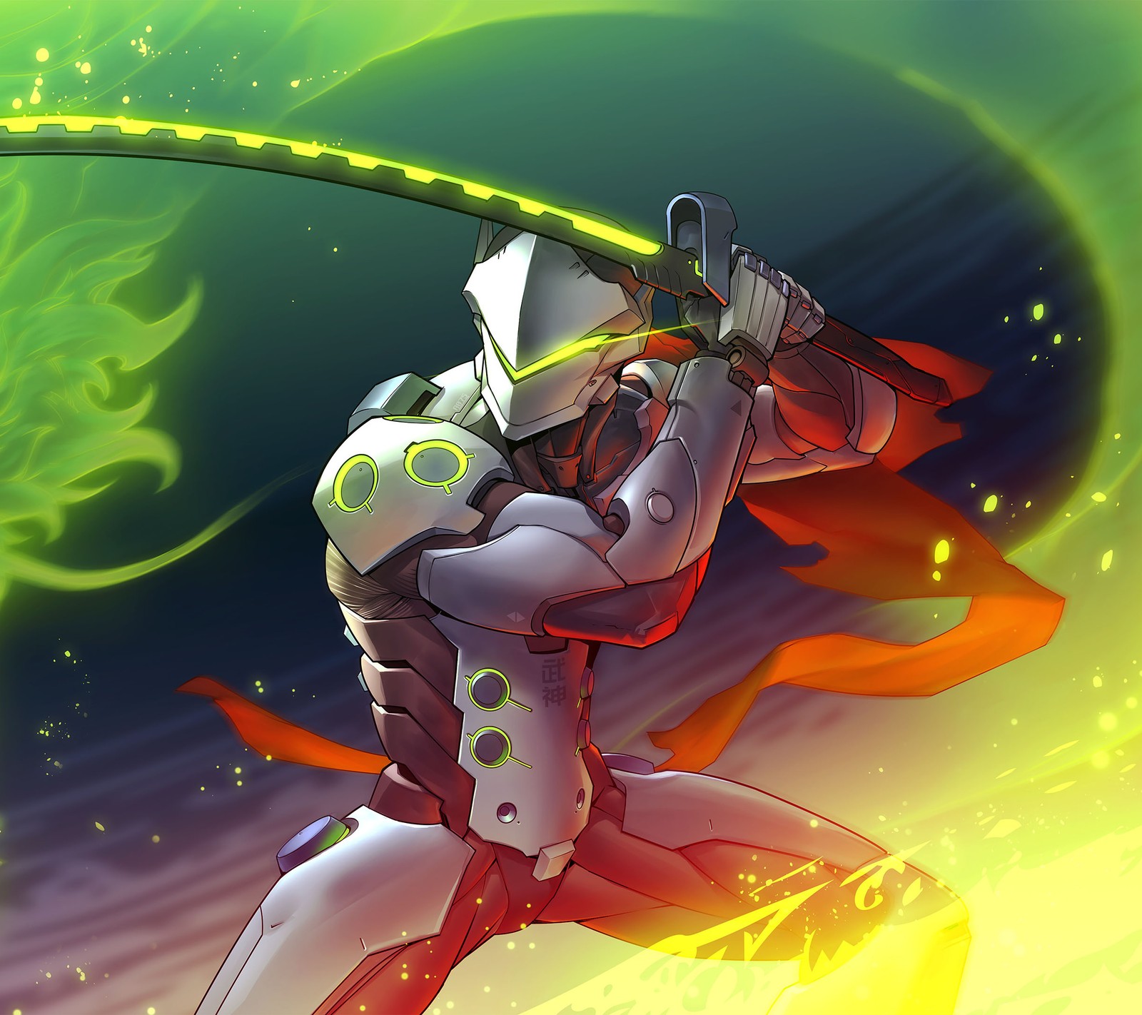 Anime character with a sword and a glowing green background (game, genji, green, ninja, overwatch)