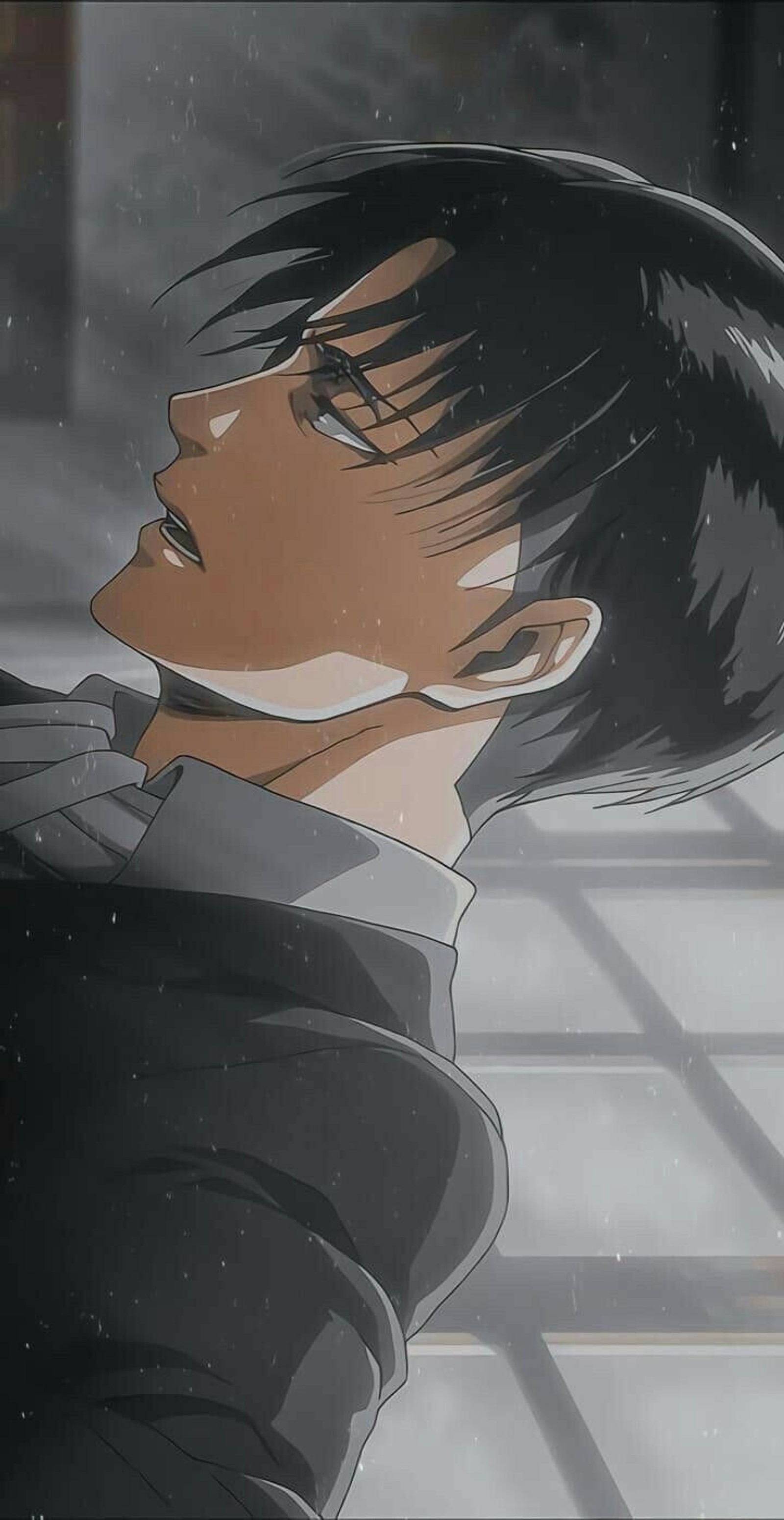 Imagem de anime de um homem com cabelo preto e uma jaqueta preta (ackerman, aot, attack on titan, levi, shingeki no kyojin)