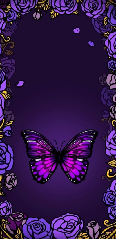 Golden Trimmed Purple Butterfly Surrounded by Dark Roses