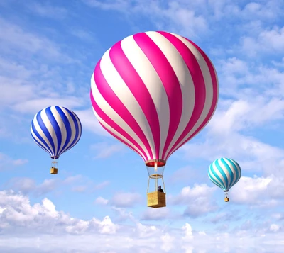 Des montgolfières colorées s'élèvent dans un ciel bleu parsemé de nuages moelleux.