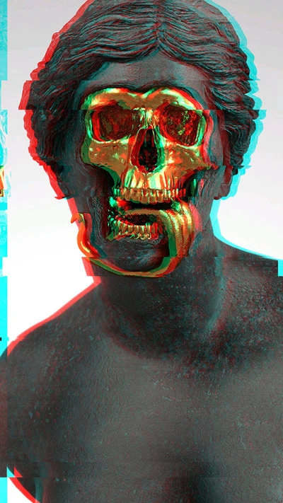 Vaporwave Glitch Art: Skull-Masked Statue