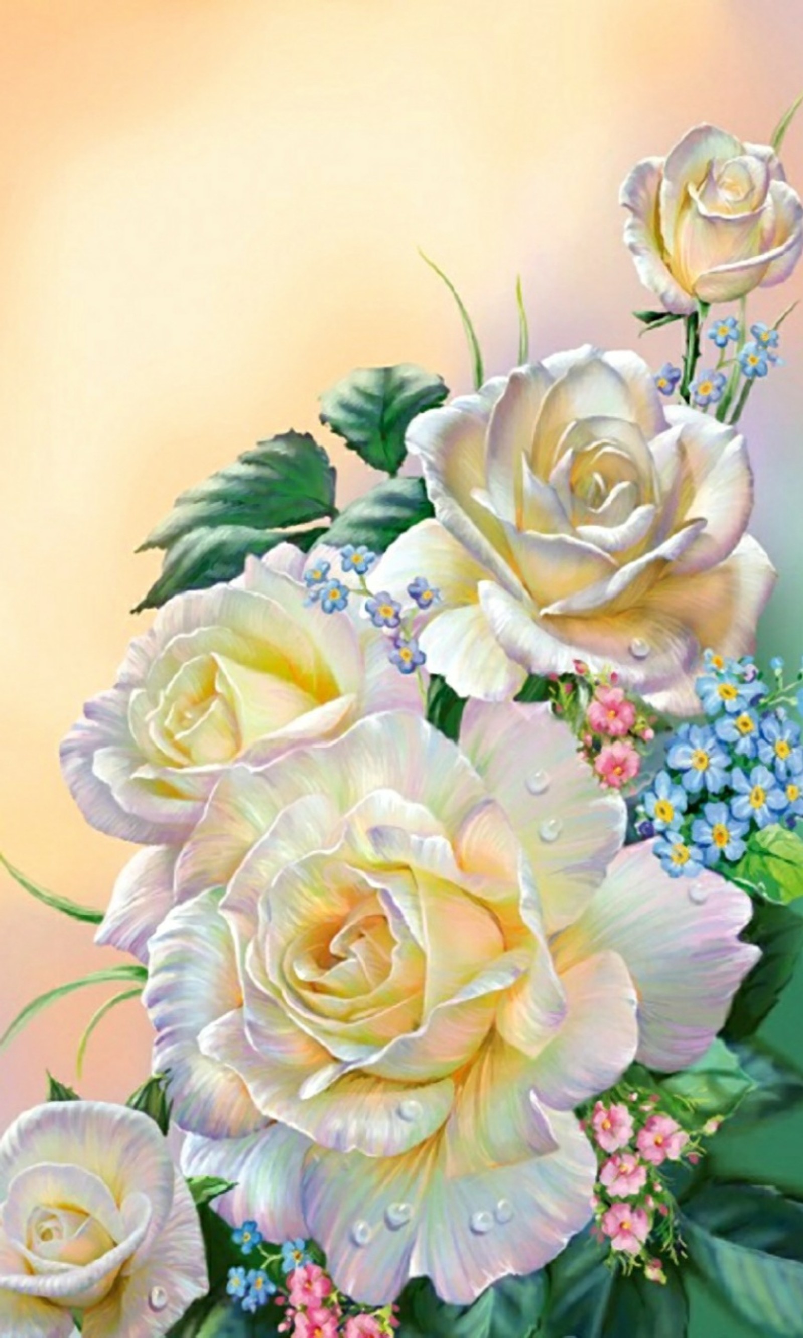 Peinture d'un bouquet de roses avec des fleurs bleues et roses (bouquets, fleurs, roses)