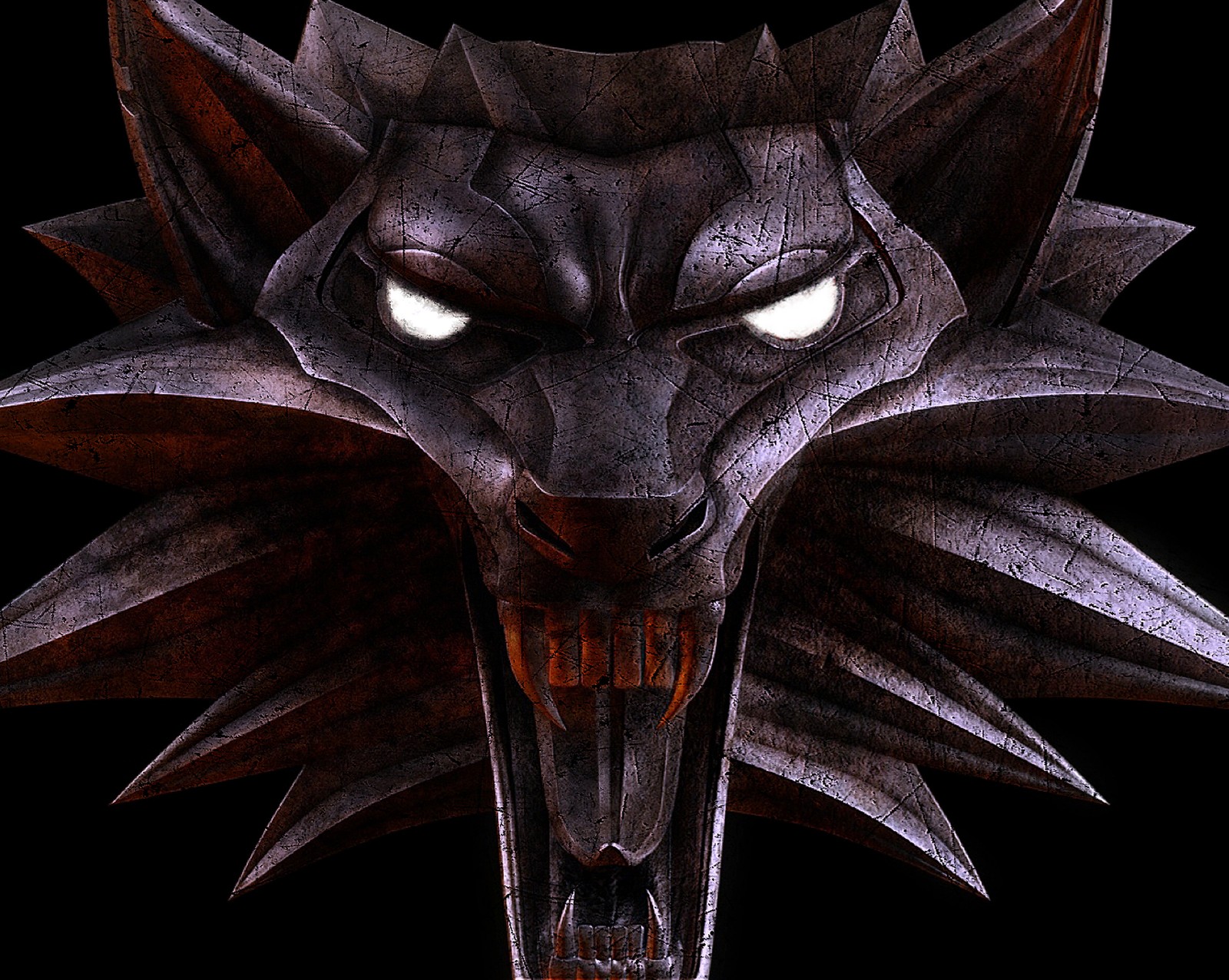 Um close em uma cabeça de lobo com aparência demoníaca (witcher, the witcher 3, witcher 3, witcher 3 logo)