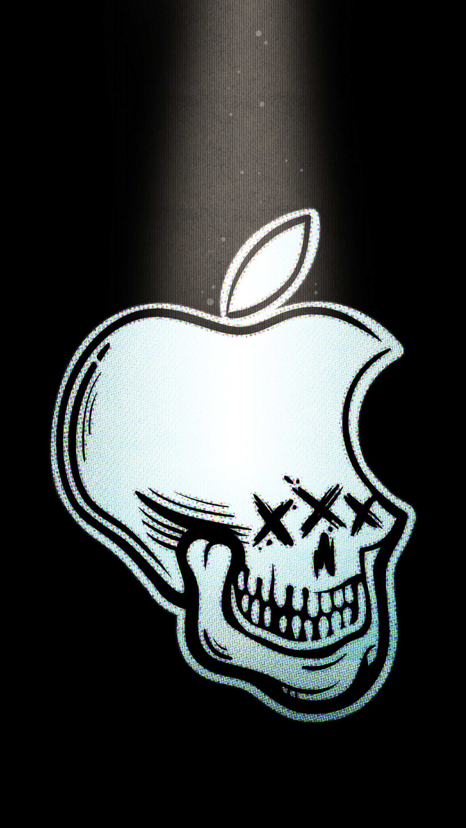 Há um crânio com uma folha e um logotipo da apple (lacko, ilustração, trippy, legal, arte)