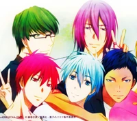 Equipo dinámico de personajes de Kuroko's Basketball celebrando juntos