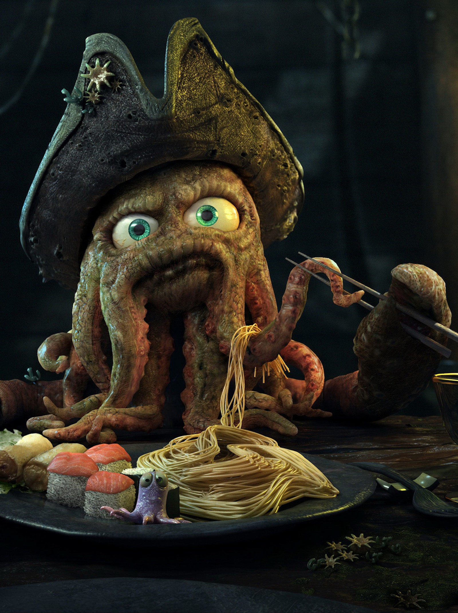 Un plato de comida con un calamar y un sombrero de pirata (david jones, luigyh, octopus face, piretes of the caribbean)