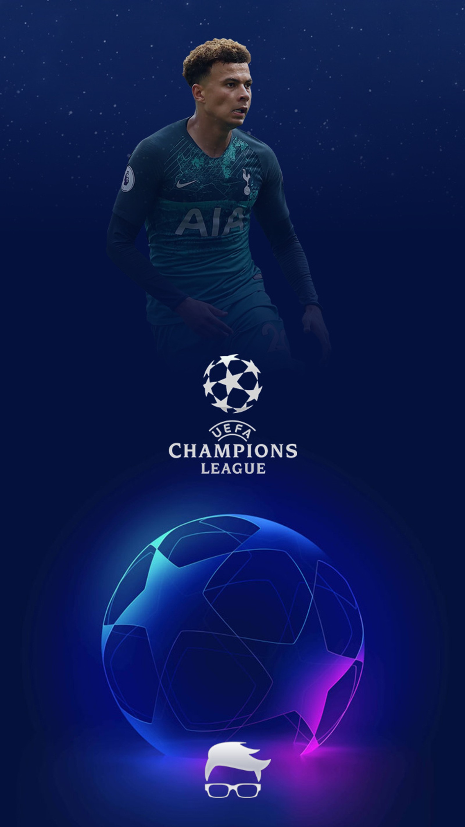 Un groupe de joueurs de football avec différents logos (champions, ligue des champions, champions league, delle alli, spurs)