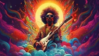 Guitarrista afro vibrante em uma colorida paisagem musical de sonho