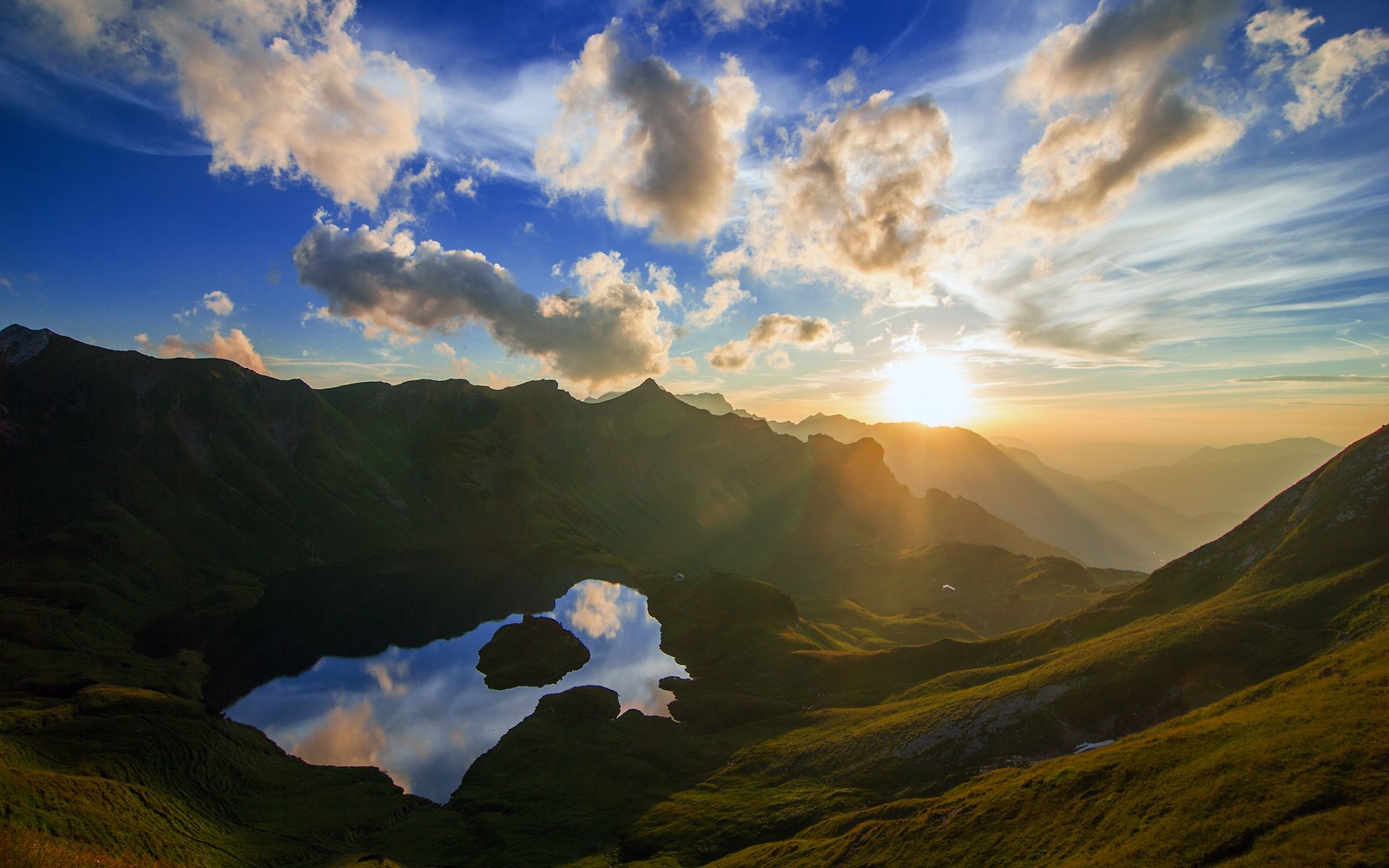 Скачать обои озеро шрекзее, schrecksee lake, германия, закат, зеркальное озеро