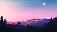 Silhouette of Mountains Under a Pink Evening Sky with a Crescent Moon