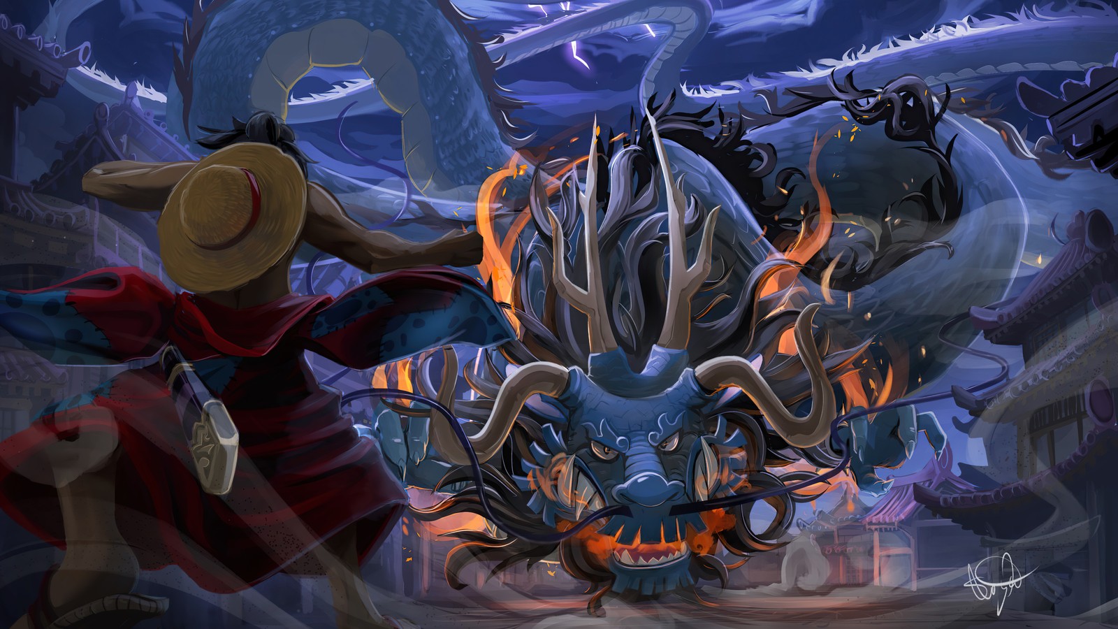 Lade monkey d luffy, kaido, drache, form, one piece Hintergrund herunter