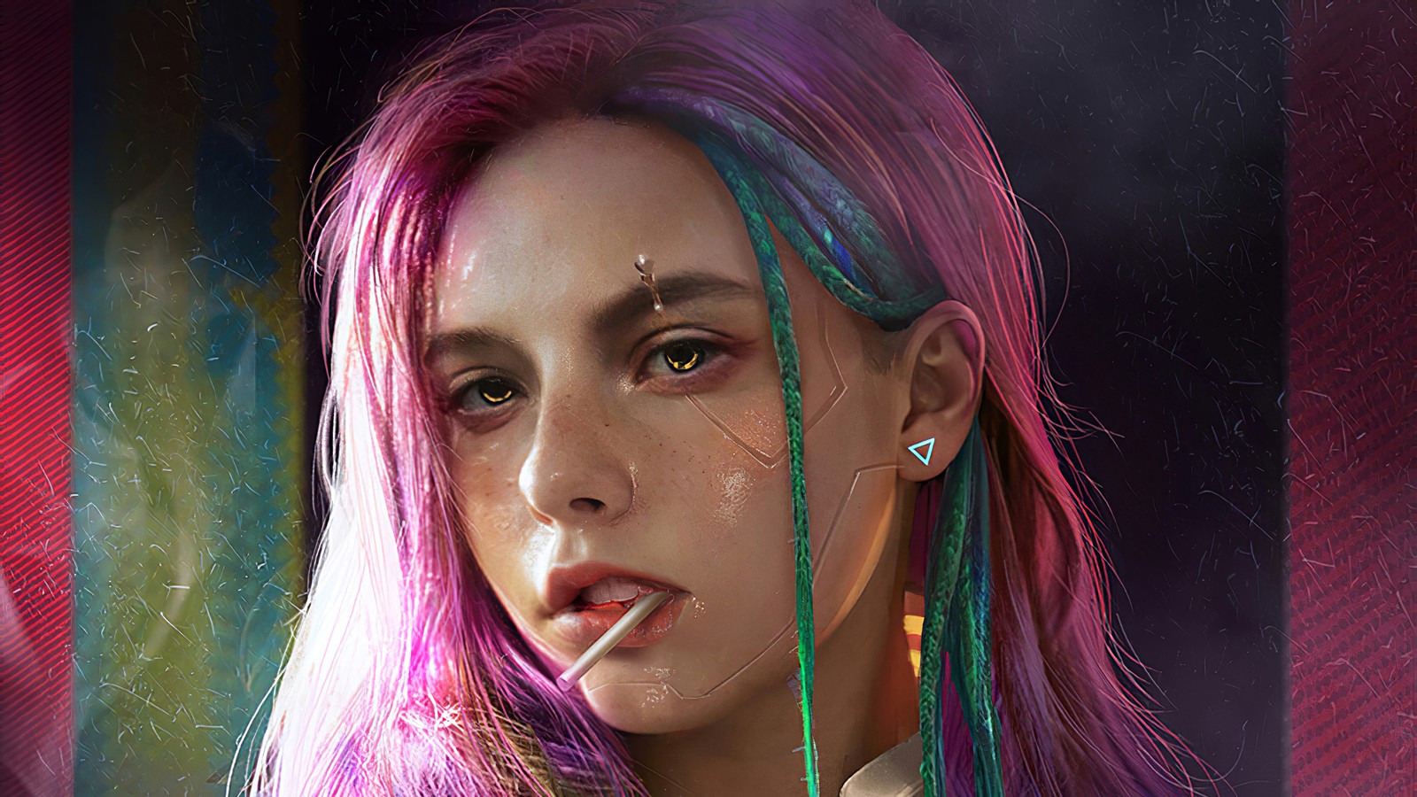 There is a woman with pink hair and green and pink hair (cyberpunk, girls, sci fi)