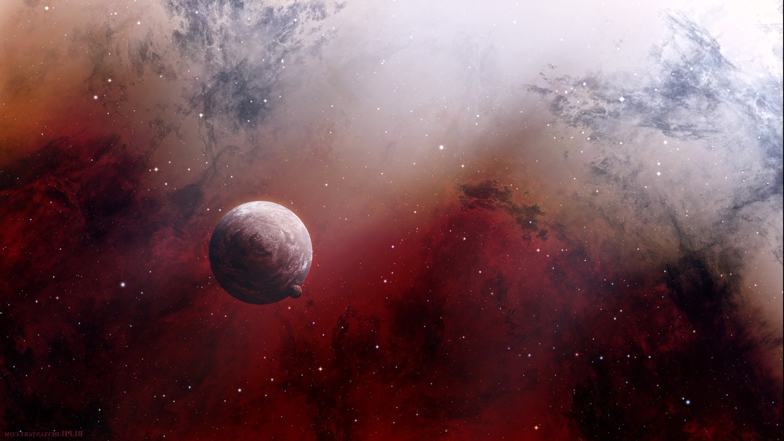 A close up of a red and white space with a red planet (atmosphere, earth, universe, space, outer space)