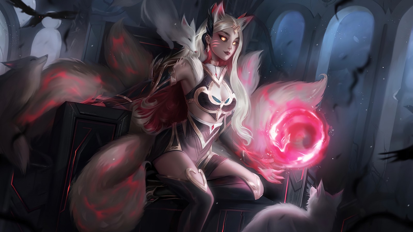 Женщина с красным светом на лице, сидящая на стуле (ахри, ahri, ковен, lol, league of legends)