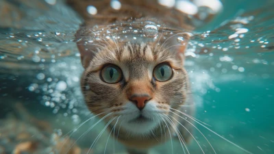 Neugierige Katze erkundet die Unterwasserwelt