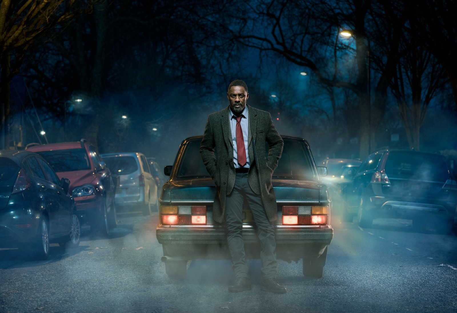 There is a man standing on the back of a car in the street (darkness, midnight, night, atmosphere, digital compositing)