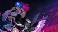 Rem and Ram: Twin Maids of Re:Zero in a Captivating Night Scene