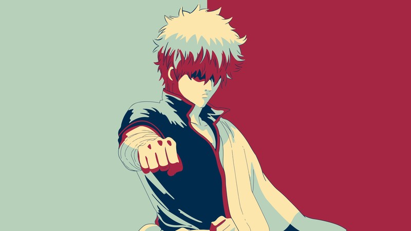 Um homem com cabelo branco e uma camisa preta apontando para algo (gintoki sakata, minimalista, gintama, anime, papel de parede 4k)