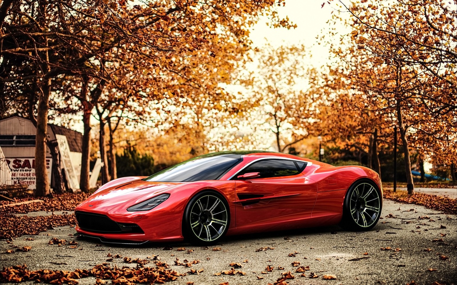 A red sports car parked on a road in the fall (aston martin, car, sports car, supercar, sportscar)