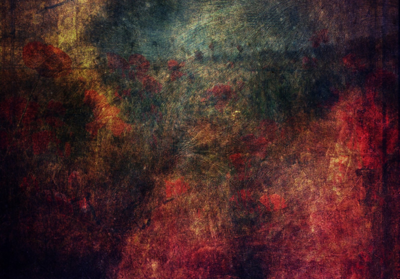 A close up of a painting of a red and green background (texture, red, painting, art, modern art)