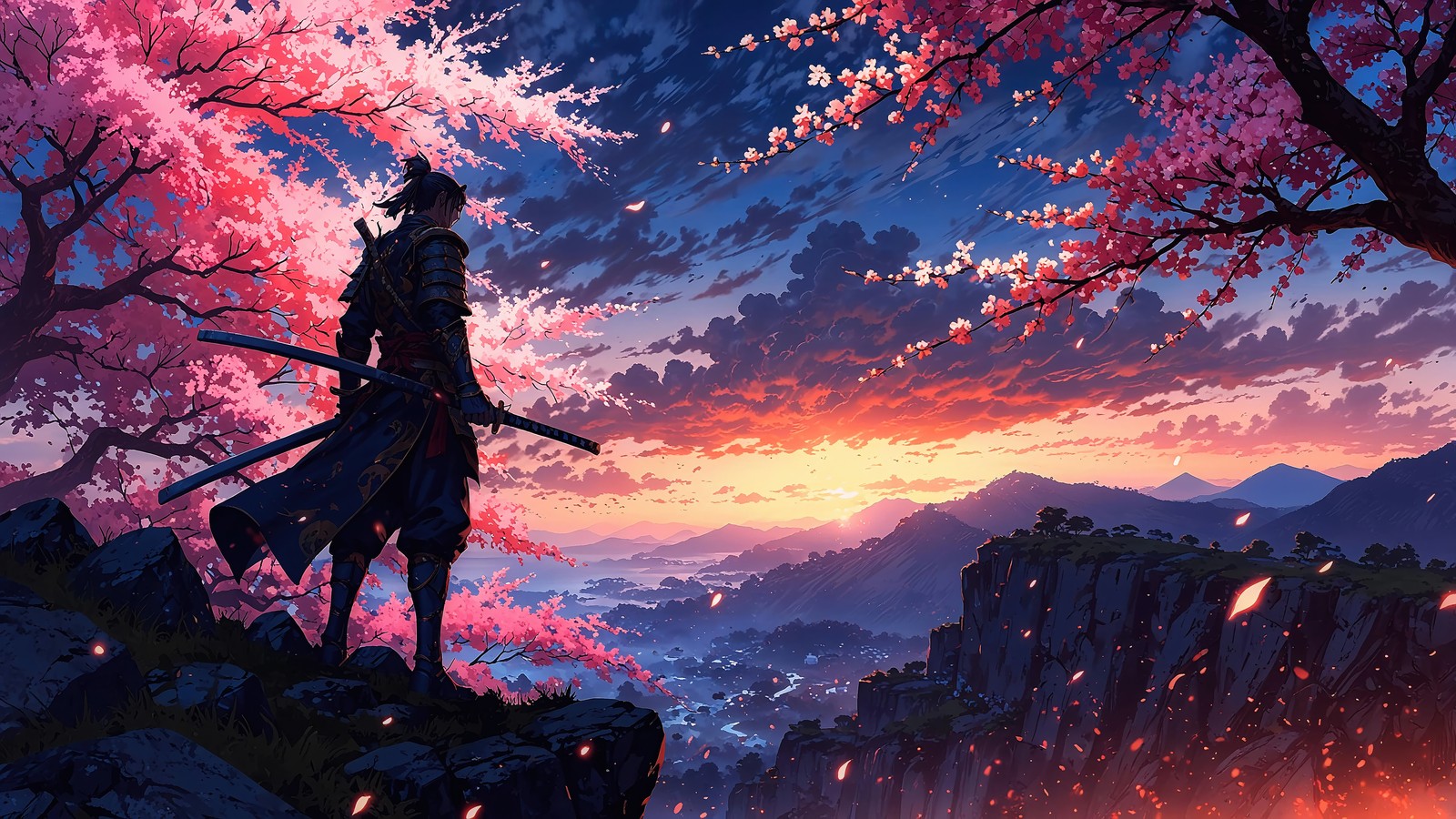 Descargar fondo de pantalla samurái, flor de cerezo, amanecer, fantasía