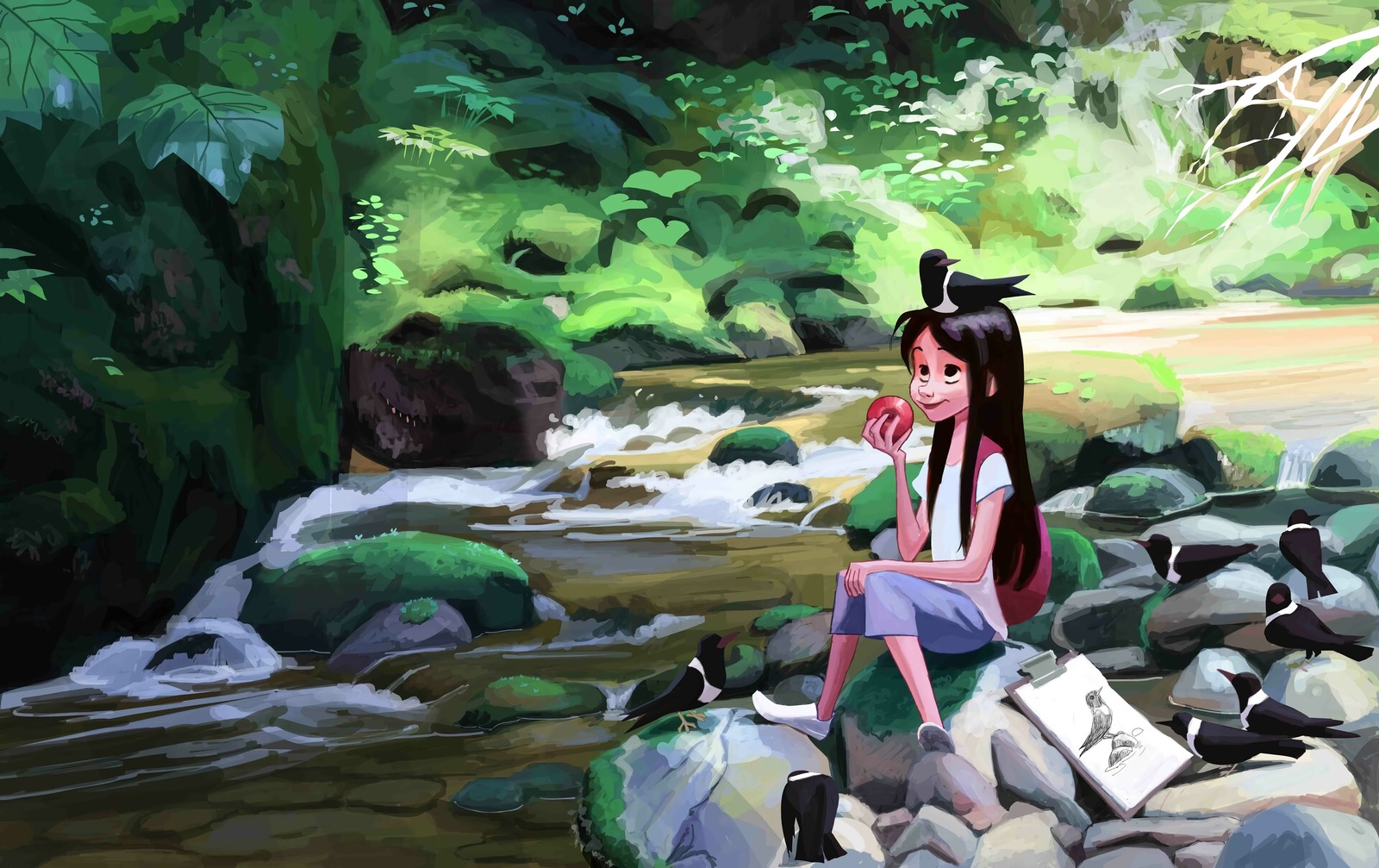 Anime girl sitting on rocks in a stream with a dog (digital art, work of art, concept art, art, painting)