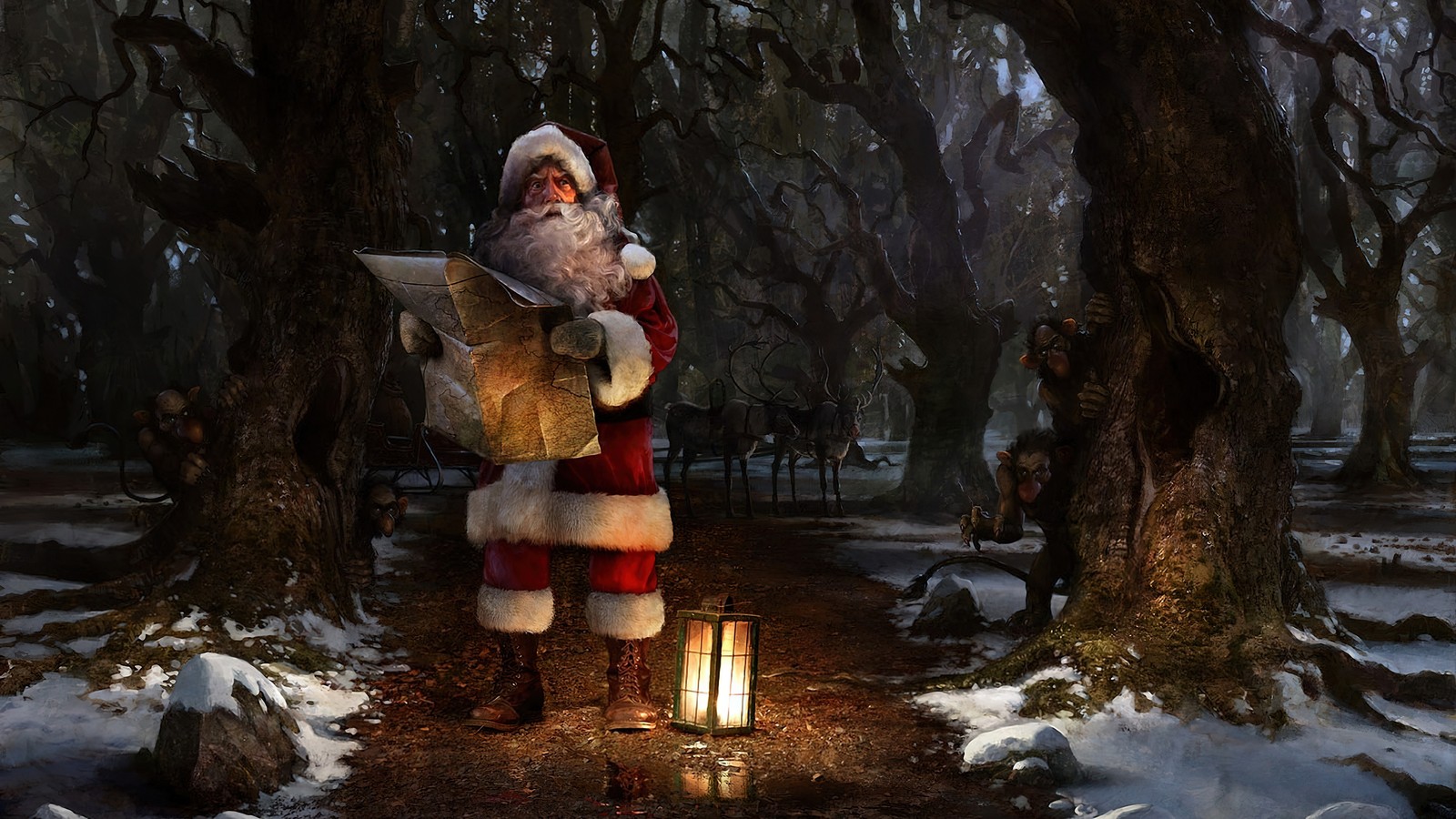 Descargar fondo de pantalla papá noel, bosque, navidad, festivo