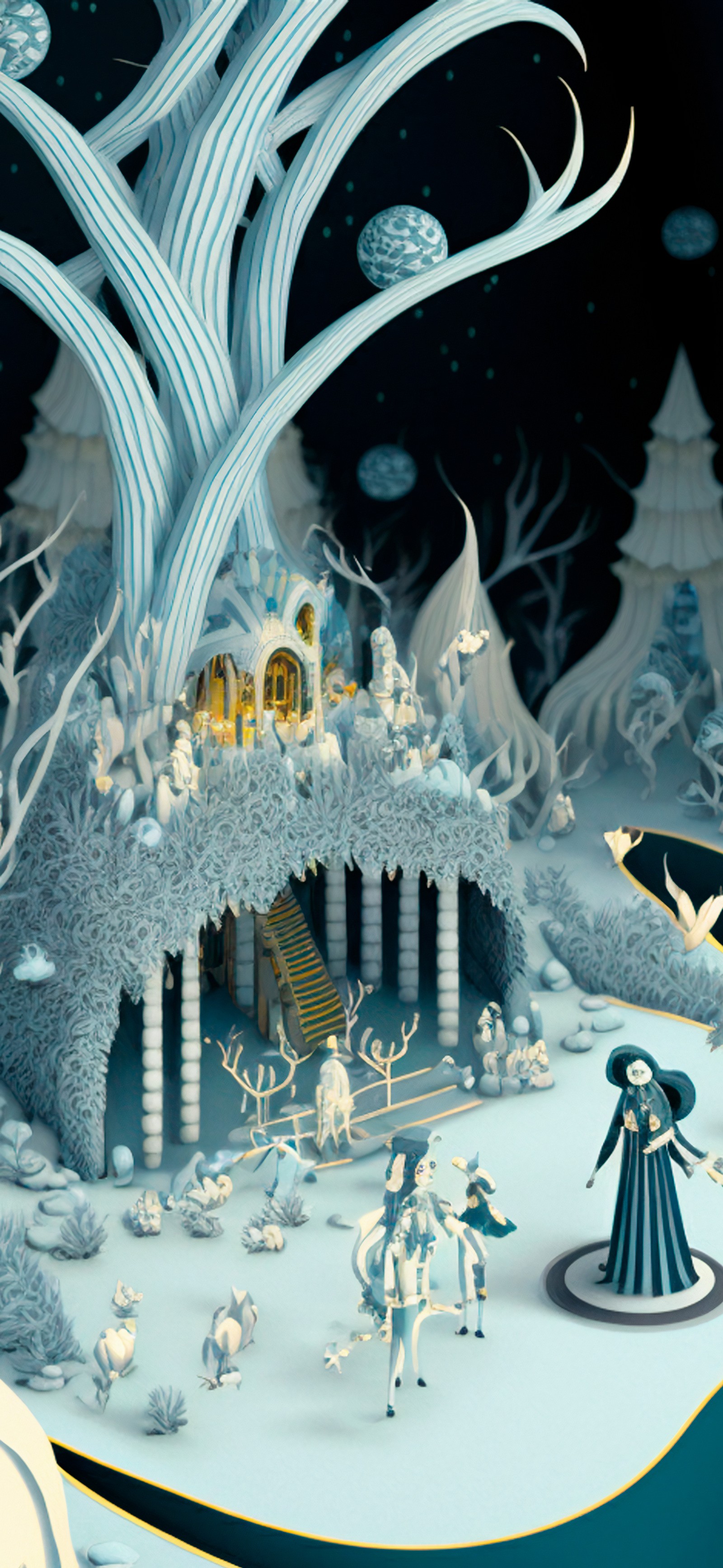 There is a paper cut of a snow scene with a woman and a man (winter, illustration, world, blue, light)