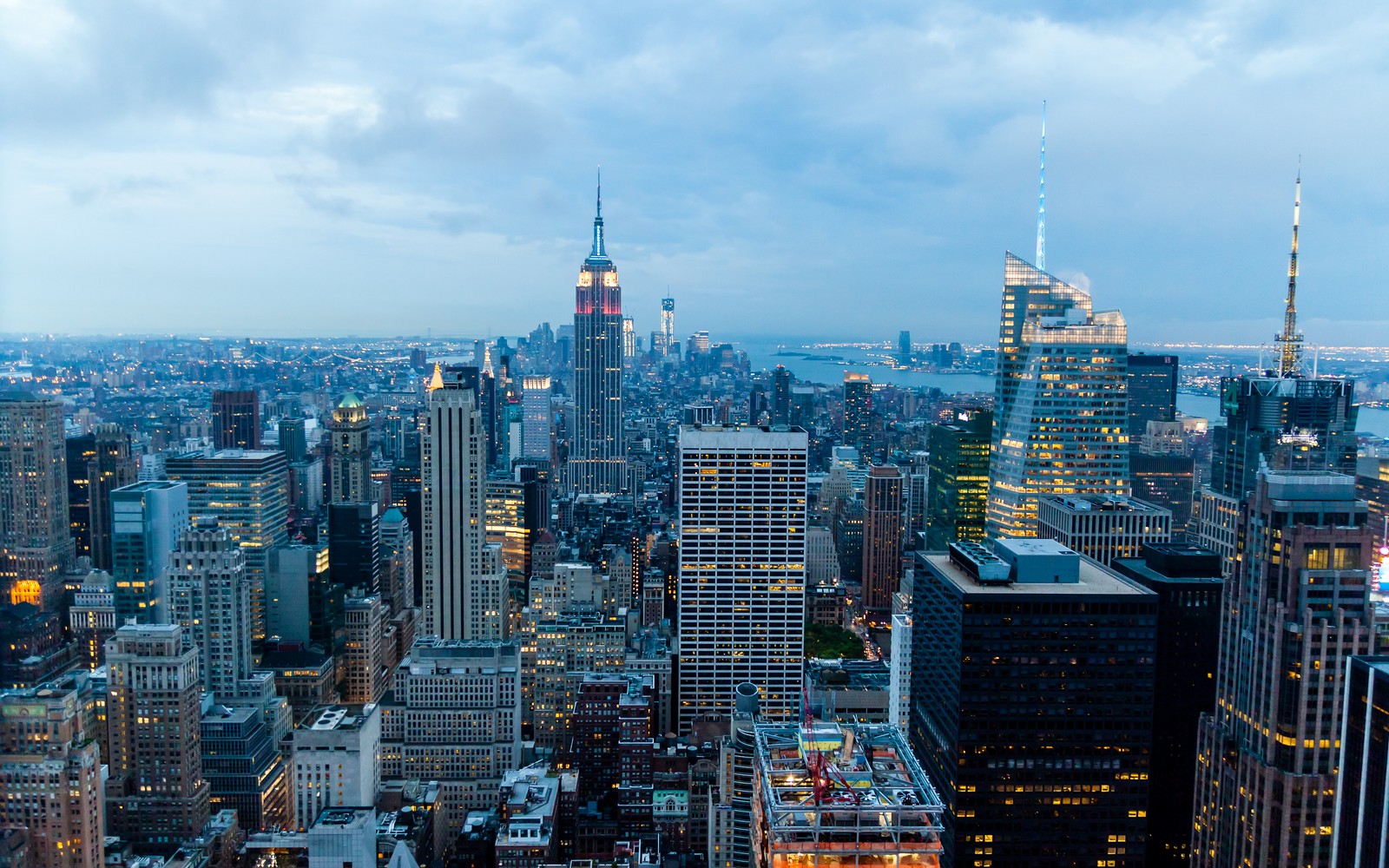 Скачать обои нью йорк, new york city, городской пейзаж, огни города, закат