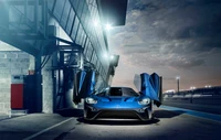 Supercarro Ford GT com portas borboleta icônicas sob iluminação dramática