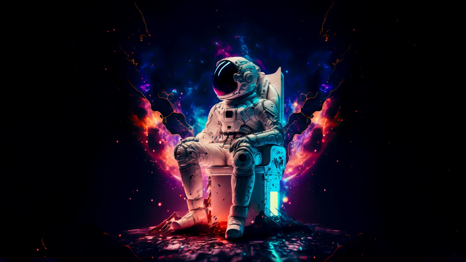 A man in a space suit sitting on a chair with a guitar (astronaut, chill, space, colorful, digital art)