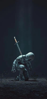 Une figurine d'action d'astronaute à genoux dans l'obscurité avec une épée