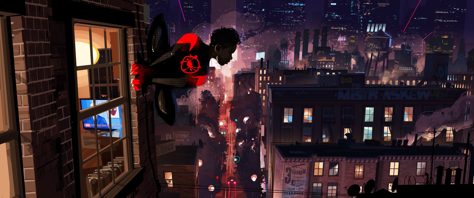 Spider-man suspendu à une fenêtre dans une ville la nuit (spider man, miles morales, art conceptuel, art, design)