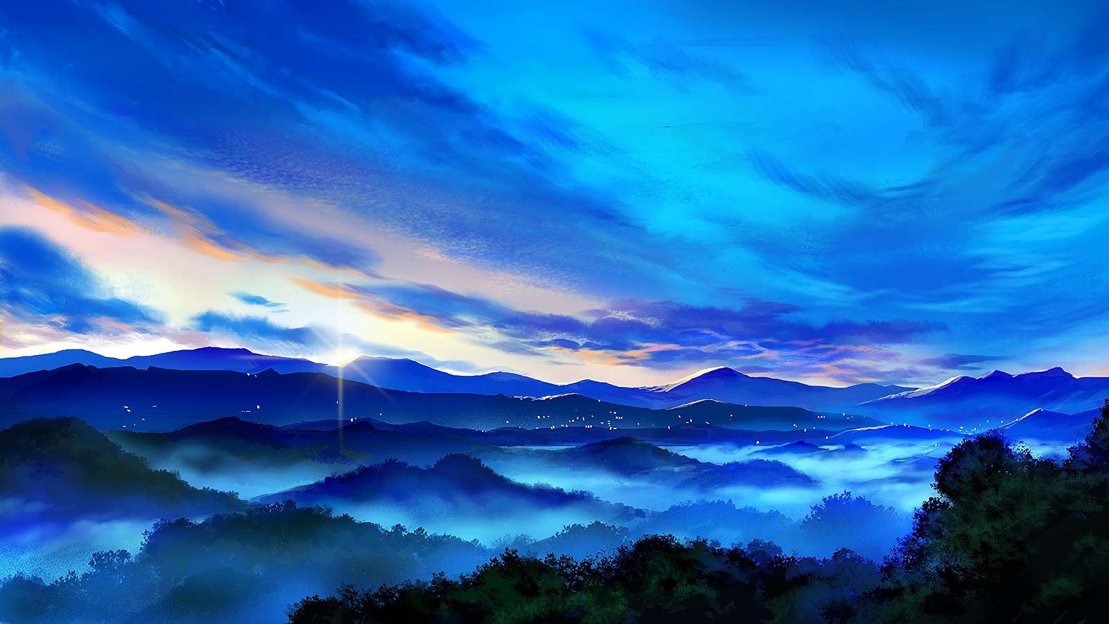 A painting of a mountain range with a blue sky and clouds (anime, mountain, landscape, sunrise, scenery)