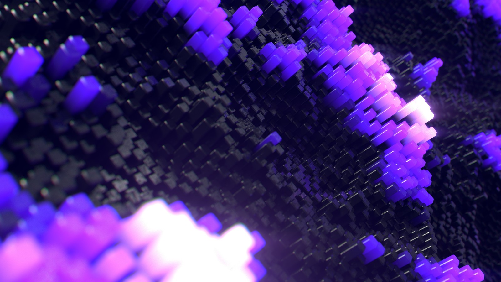 Purple and black squares are arranged in a pattern with a black background (abstract, 3d, digital art)