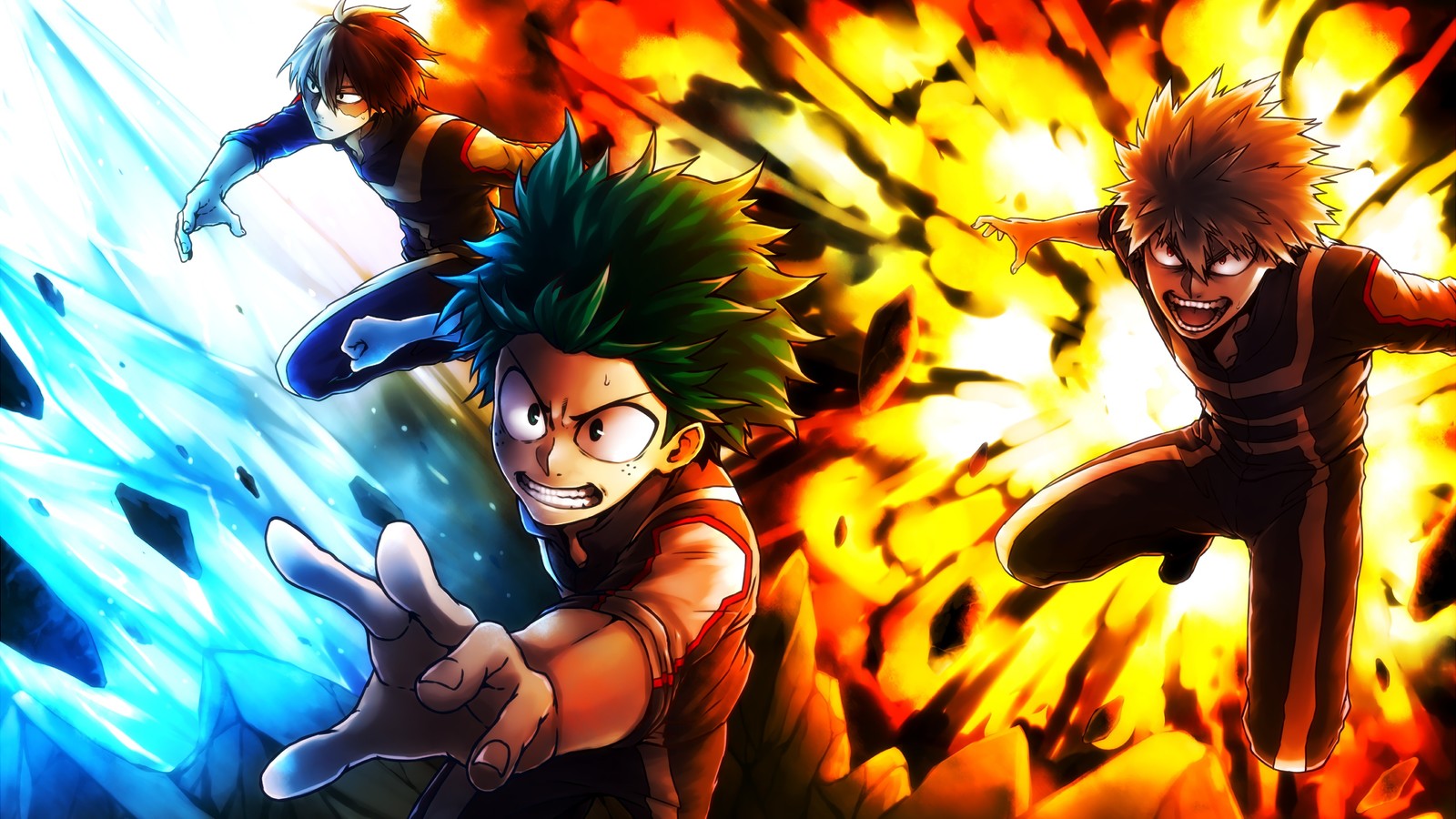 Un groupe de personnages d'anime les mains tendues devant un feu (izuku midoriya, deku, katsuki bakugo, kacchan, shoto todoroki)