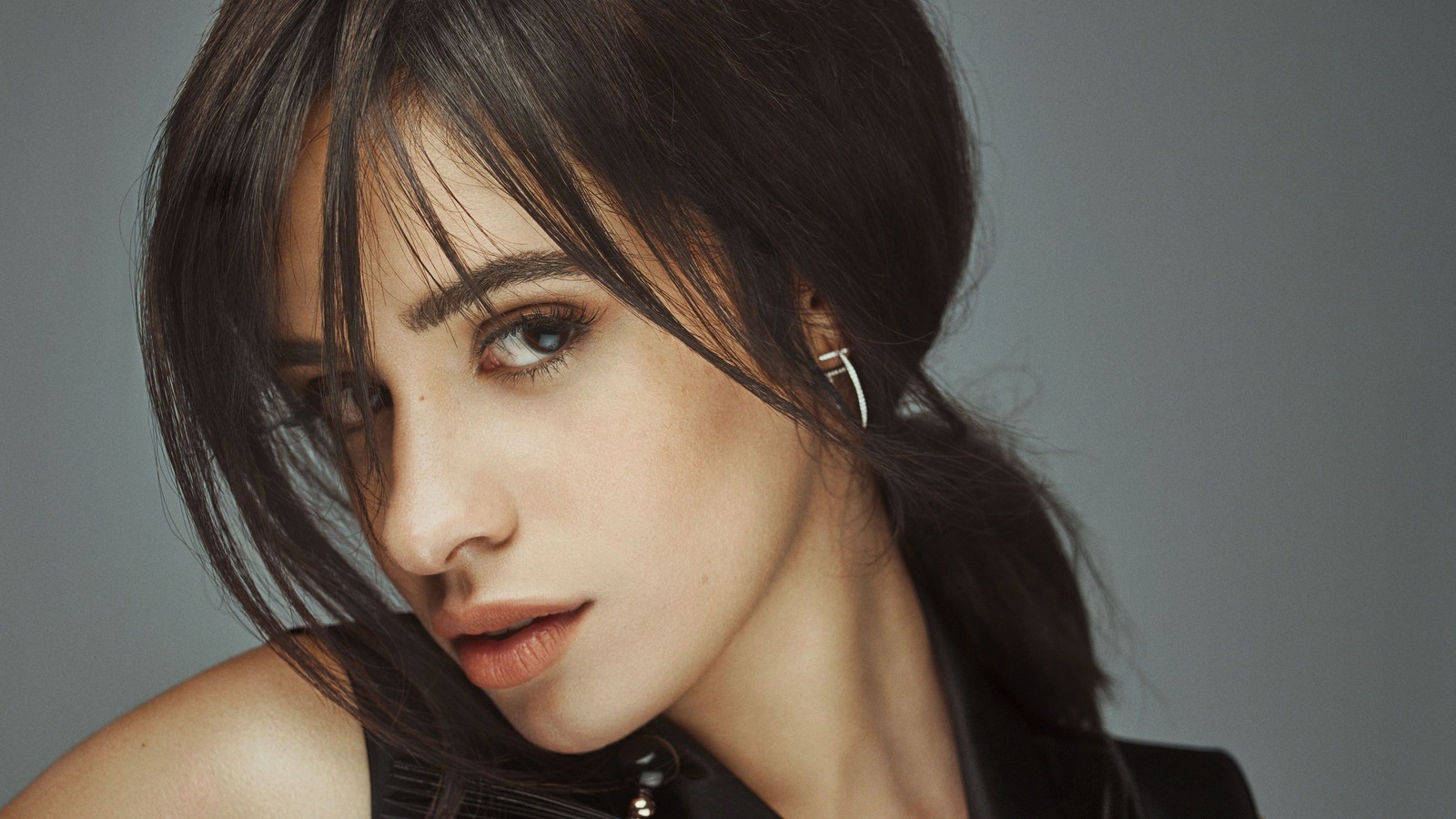 A close up of a woman with a black top and a necklace (camila cabello, singer, portrait, people, 4k wallpaper)