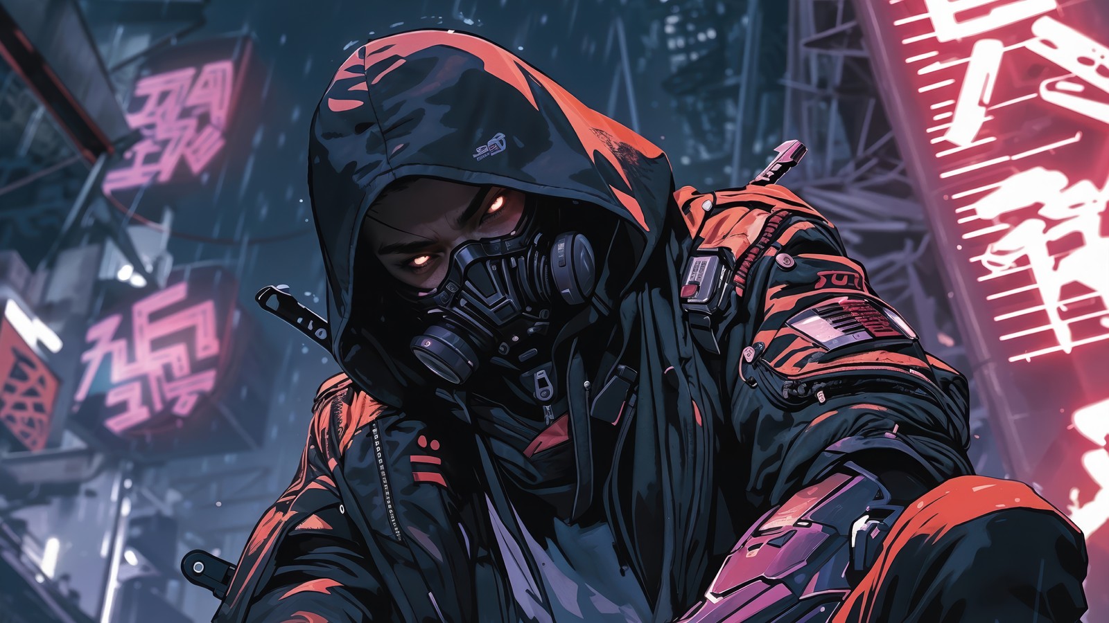 A man in a gas mask and hoodie holding a knife (cyberpunk, anime, boy, mask, sci fi)