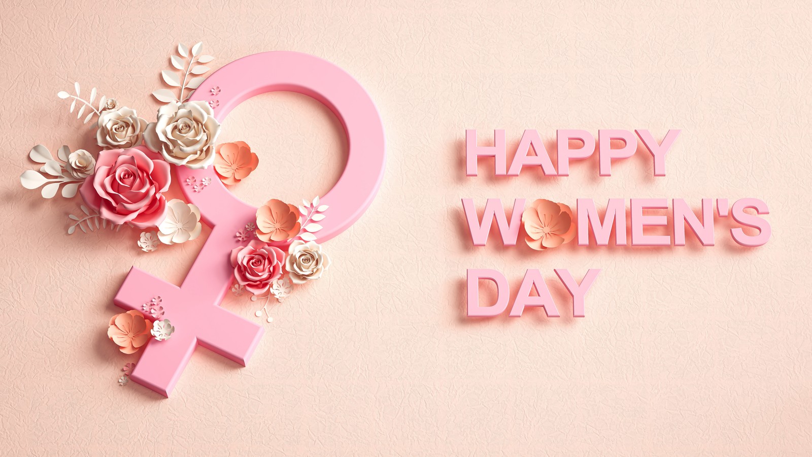 Happy women's day greeting with pink flowers and a female symbol (womens day, pink aesthetic, 5k, 8k, march 8th)