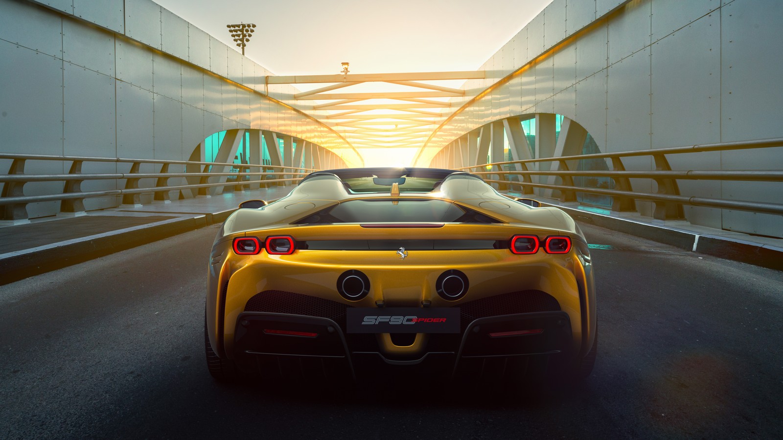 Un coche deportivo amarillo conduciendo por un puente al atardecer (ferrari sf90 spider, 8k, 2021, 5k, coches)