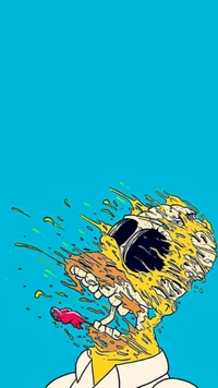 Illustration de cartoon abstraite de la tête de Homer Simpson éclatant de couleurs vives, créant un effet ludique et chaotique sur un fond bleu vif.