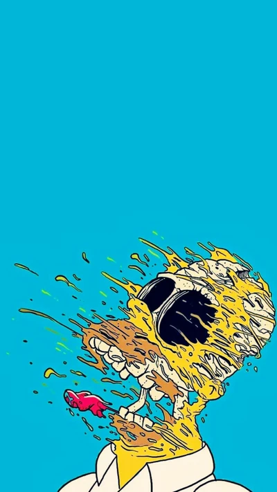 Illustration de cartoon abstraite de la tête de Homer Simpson éclatant de couleurs vives, créant un effet ludique et chaotique sur un fond bleu vif.