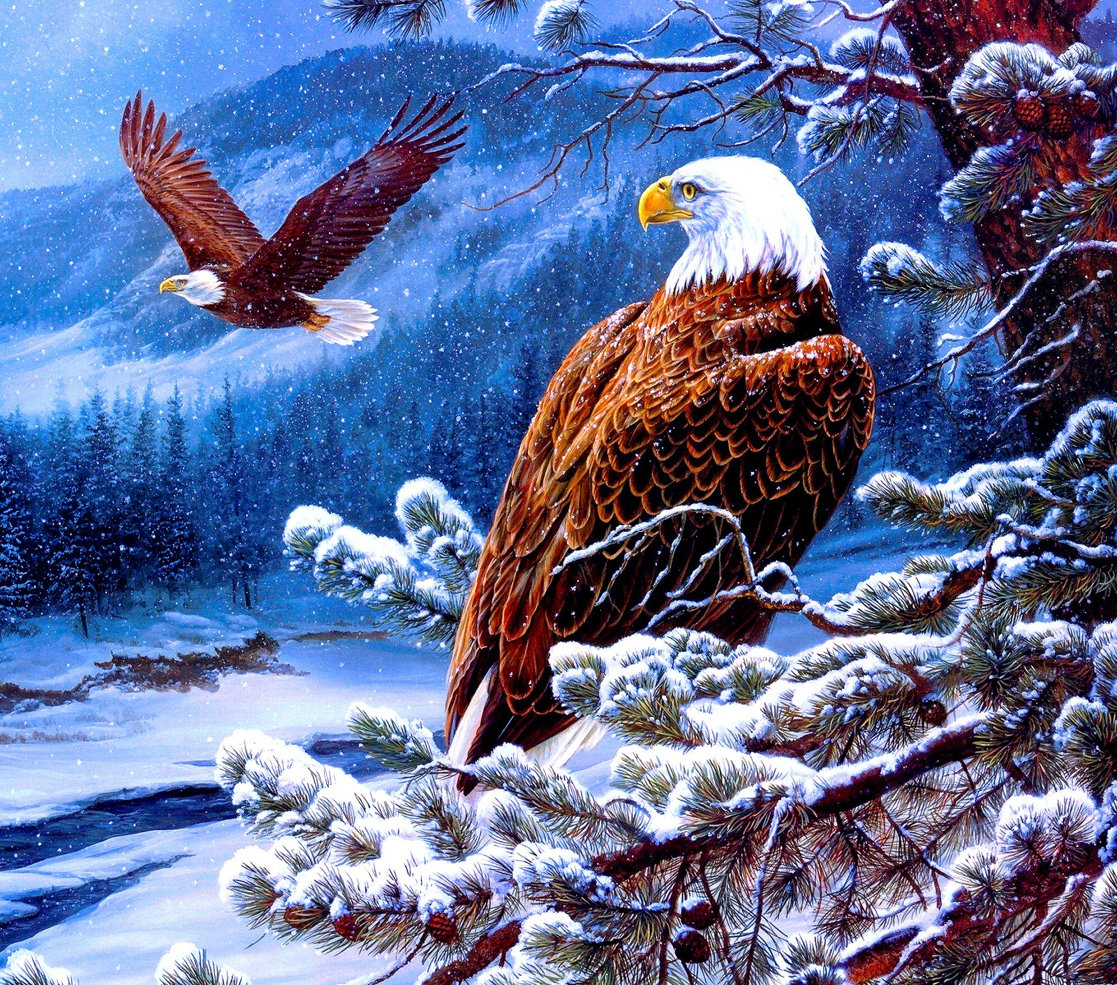 Pintura de duas águias carecas em uma paisagem nevada com um riacho (obra de arte, aves, águias, hd, novo)