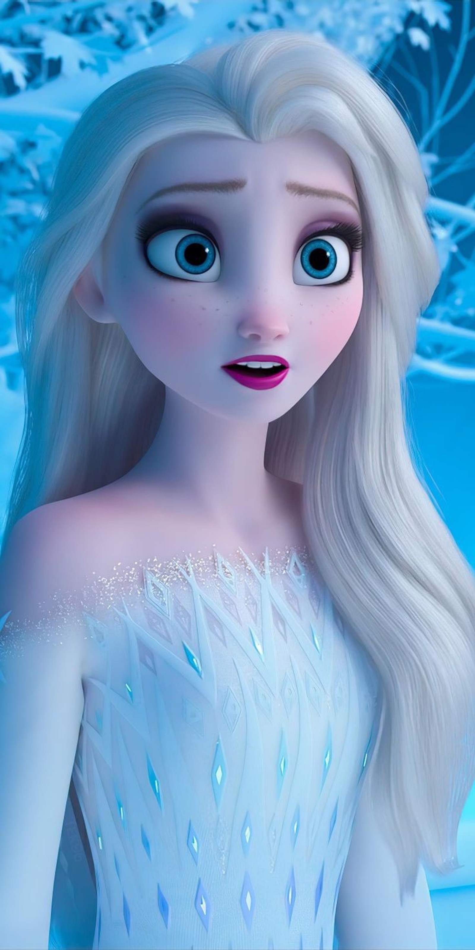 Un primer plano de una persona con cabello largo que lleva un vestido (astonished, azul, lindo, elsa, frozen)