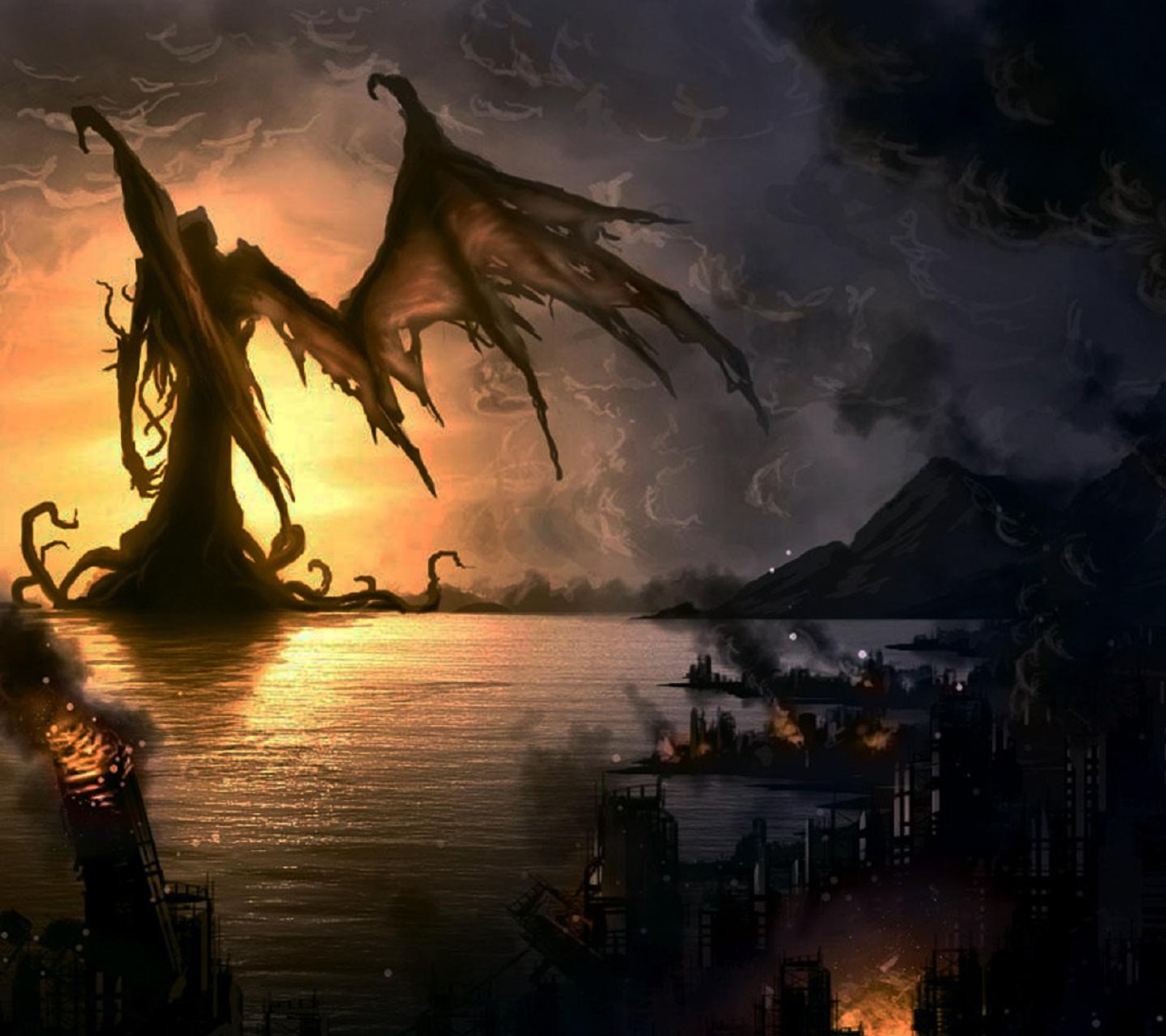 Uma pintura de um dragão gigante voando sobre uma cidade em um lago (arkham, cthulhu, horror, literatura, lovecraft)