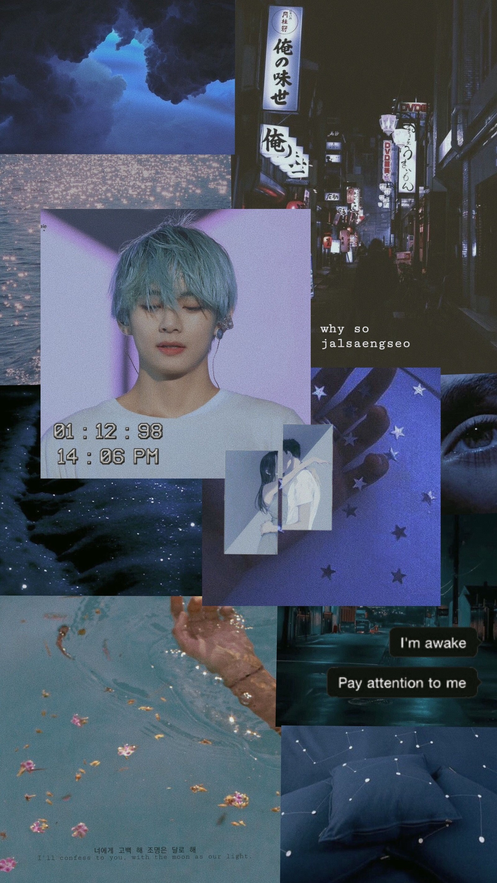 Gros plan d'un collage d'images d'une personne aux cheveux bleus (bts, kpop)